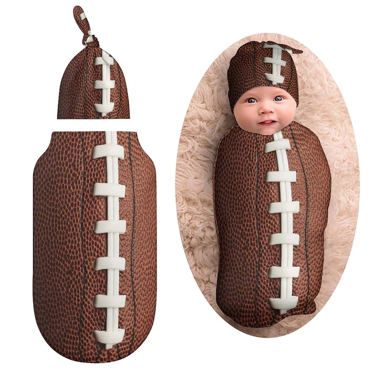 Qiohoey Football Newborn Swaddle Blanket with Beanie Hat, Soft Sleep Sack, Wraps - Gifts for Boys & Girls
