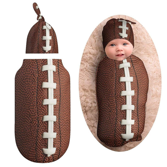 Qiohoey Football Newborn Swaddle Blanket with Beanie Hat, Soft Sleep Sack, Wraps - Gifts for Boys & Girls