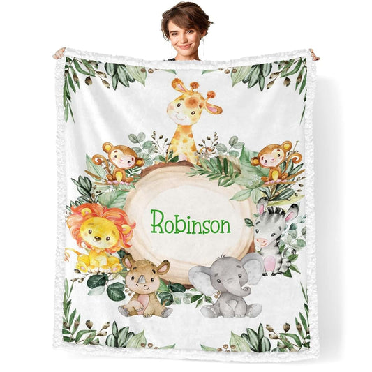 NZOOHY Safari Jungle Animals Personalized Sherpa Baby Blankets for Boys Girls,Custom Newborn Naps Name Blanket for