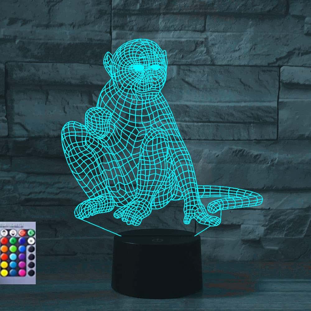 Jinnwell 3D Monkey Night Light Lamp Illusion 16 Color Changing Table Desk Decoration Lamps Acrylic Flat ABS Base USB