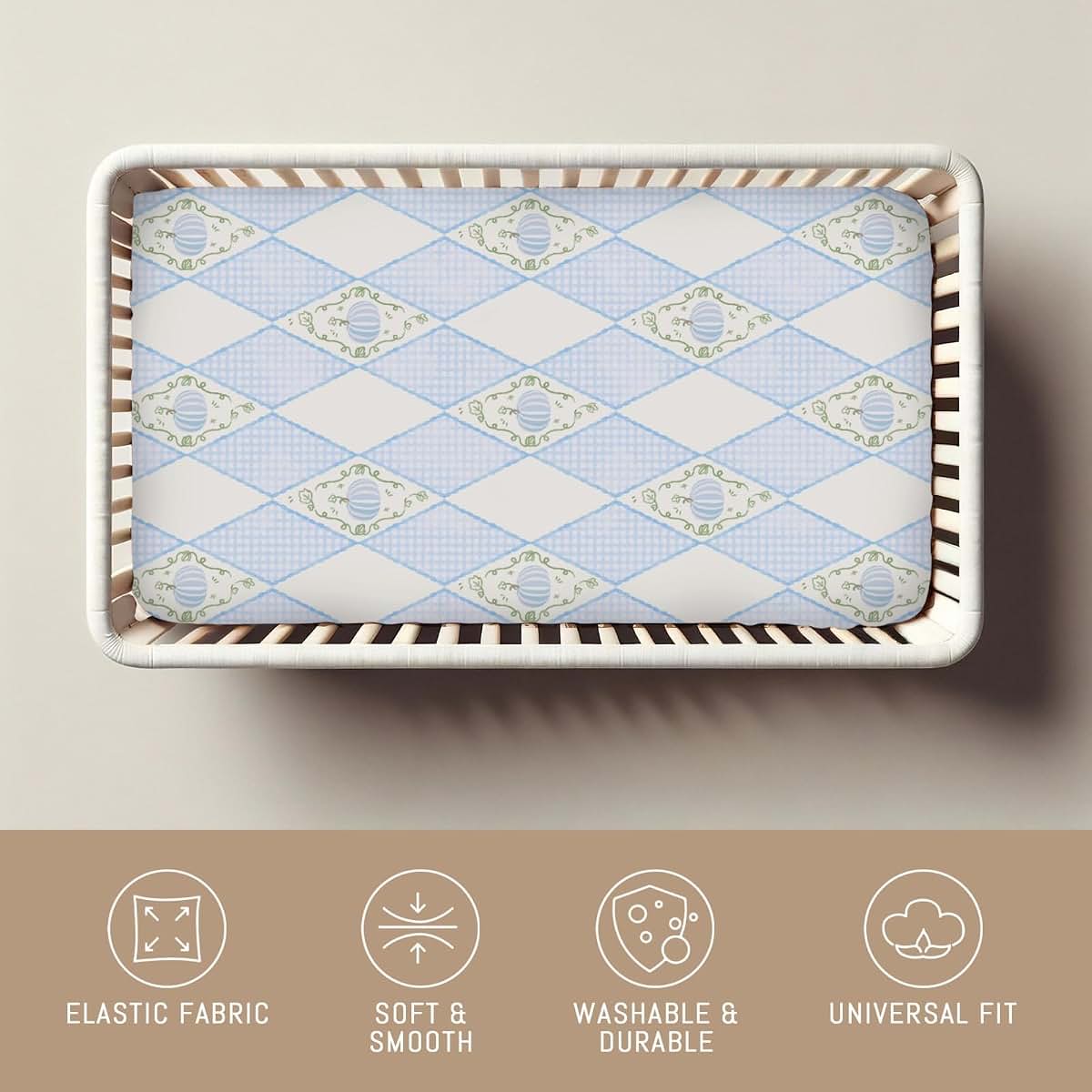 Selgkds Fall Blue Pumpkins Bows Gingham Baby Crib Sheets for Boy Girl Autumn Thanksgiving Harvest Soft Snug Fitted Crib (photo 4)