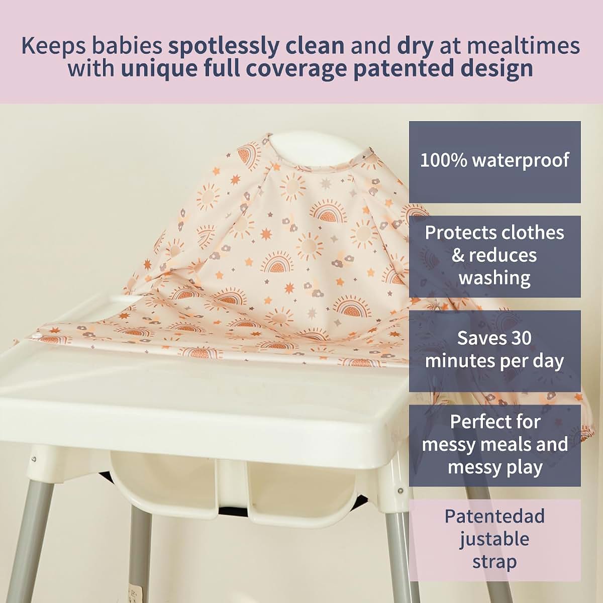 CoolaPeach Long Sleeve Baby Bib - Adjustable Waterproof Smock with Highchair Attachment