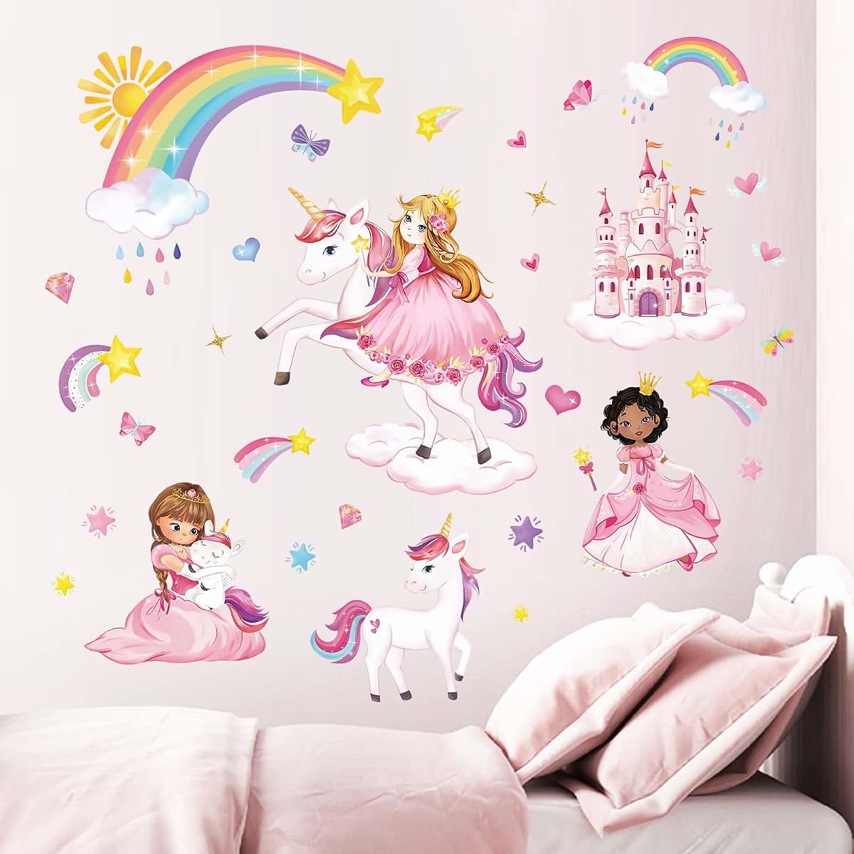 wondever Princess Unicorn Wall Decals Castle Rainbow Wall Stickers
