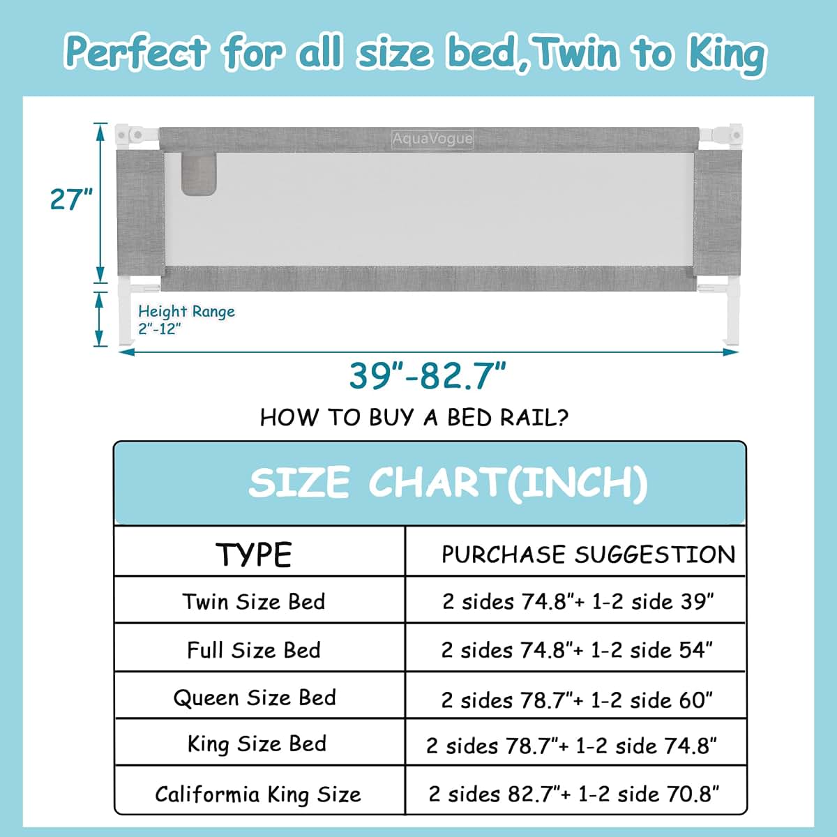AquaVogue 3-Pack King Size Bed Rails For Toddlers - Height Adjustable