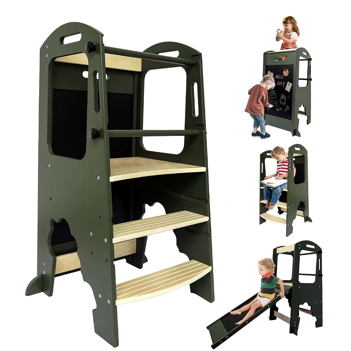 BabyOneStop Toddler Kitchen Step Stool With Removable Railing And Blackboard