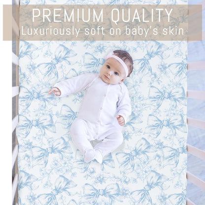 Selgkds Vintage Blue Chinoiserie Flower Bows Baby Crib Sheets for Girls Retro Floral Bows Soft Snug Fitted Crib