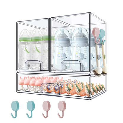 Zebrater Baby Bottle Organizer with Hooks - 5 Pack Stackable Clear Acrylic Storage Drawers