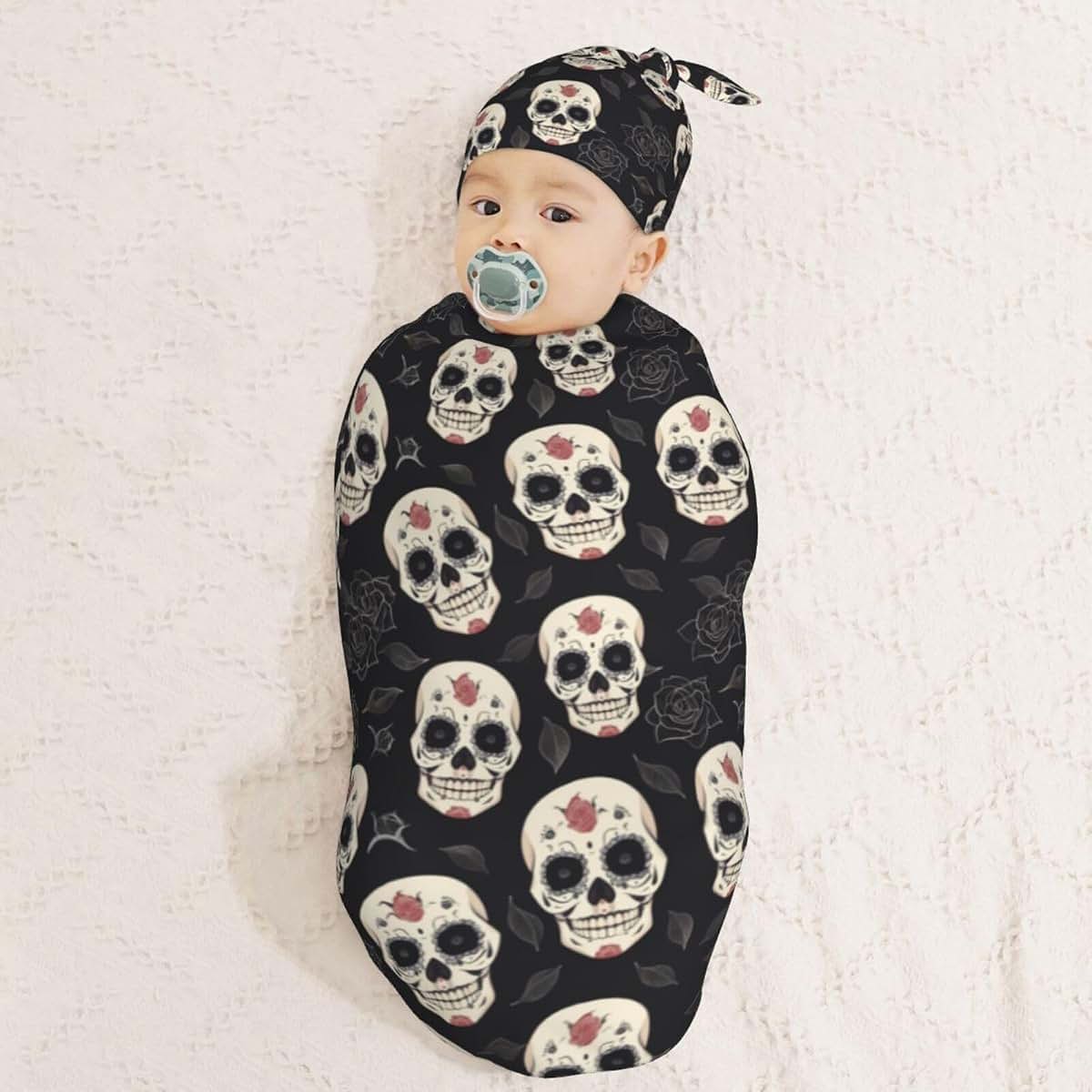 Muishi Sugar Skulls And Black Roses Newborn Swaddle Blanket And Hat Set