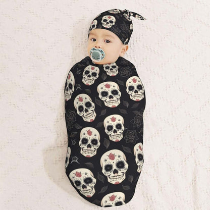 Muishi Sugar Skulls And Black Roses Newborn Swaddle Blanket And Hat Set