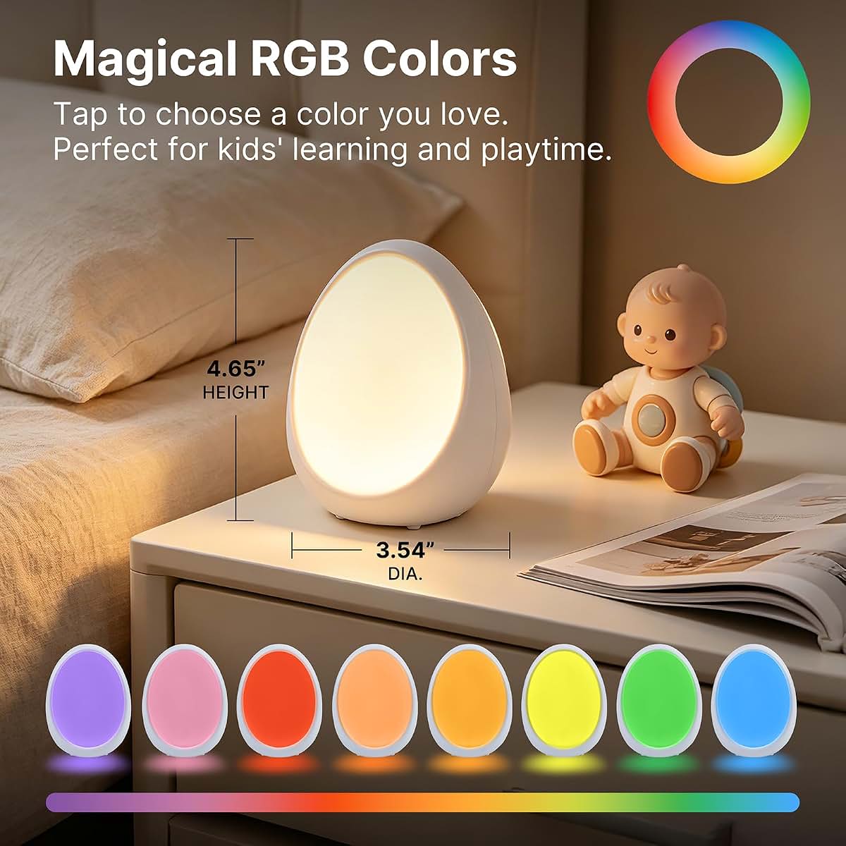 Gelielim Portable Baby Egg Night Light, 256 Colors, USB-C Rechargeable, Touch Dimming