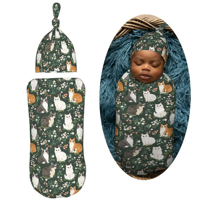 Muishi Cats Flowers Newborn Swaddle Blanket and Hat Set