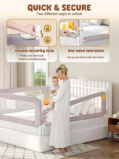 VBABY 3-Piece Bed Rails for Queen Bed, Adjustable Height Toddler Rail, Grey
