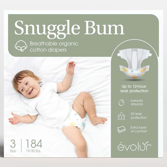 Evolur Snuggle Bum Baby Diapers Size 3, 184 Count