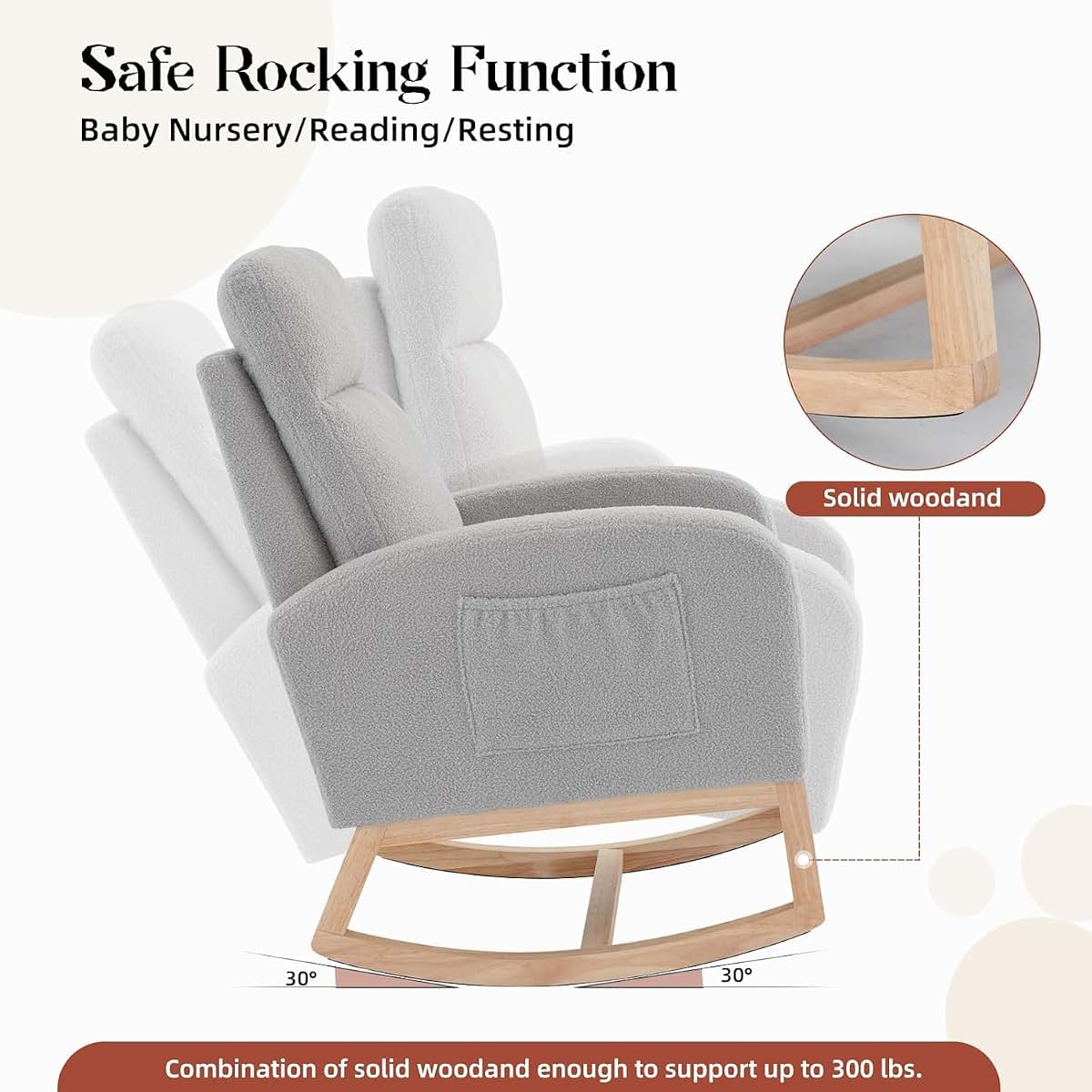 OUTGOODS Modern Nursery Rocking Chair, Teddy Upholstered Glider Rocker with High Backrest and Side Pocket