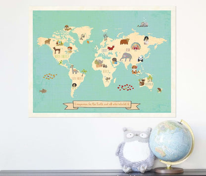 Children Inspire Design Global Compassion World Map 24x18 Print, Children's Wall Art Map, Kid's Animal World Map