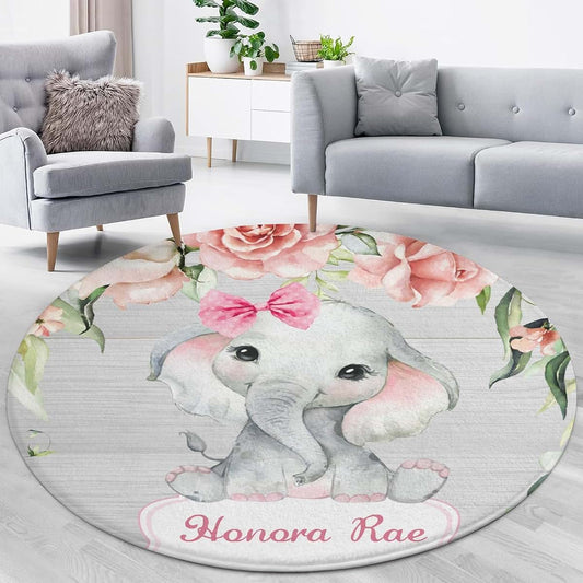 Joyestore Personalized Pink Girl Elephant Flower Custom Round Area Rug Baby Crawling Floor Mats Gifts for Boys Girls