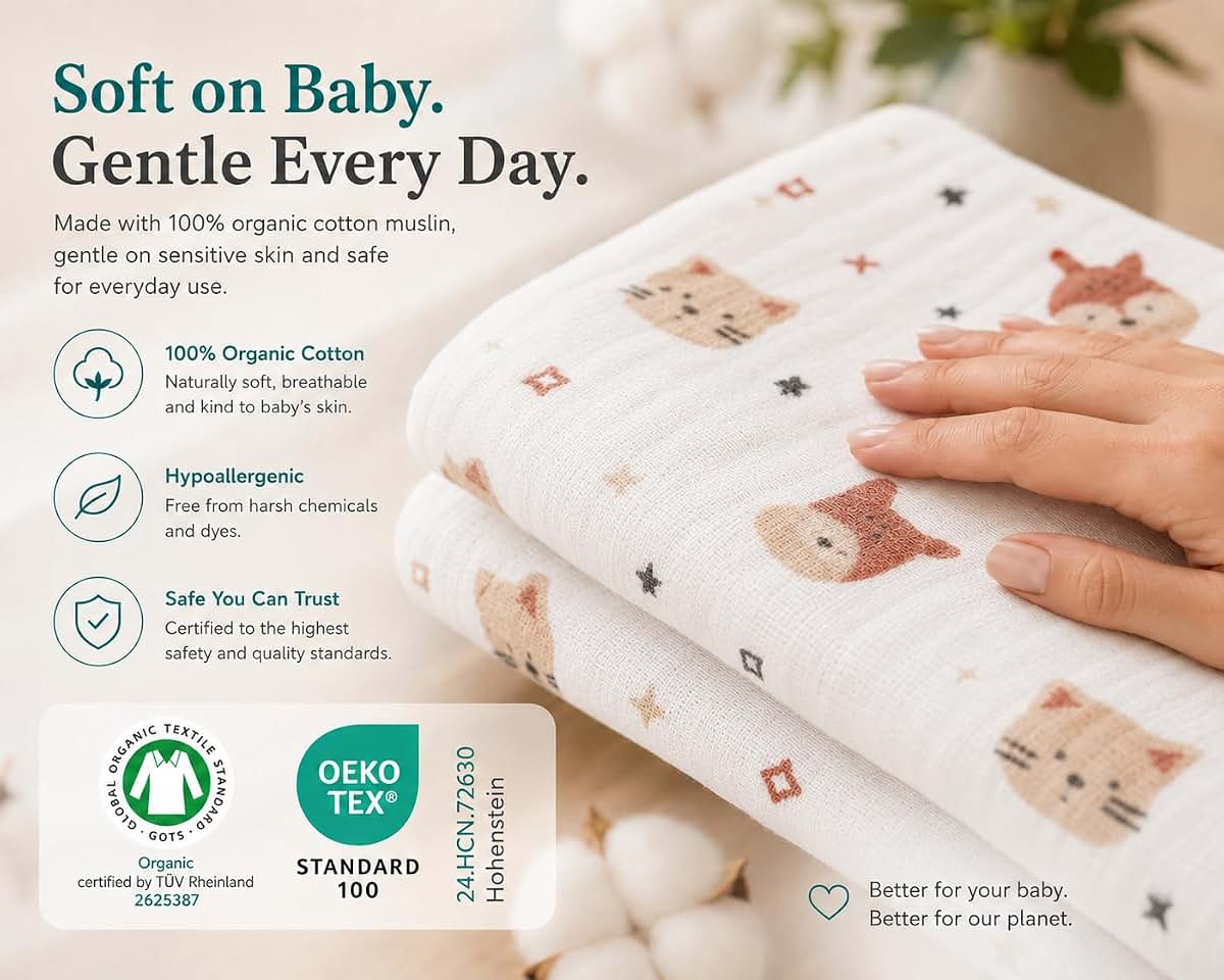 Koala Babycare 5 Pack 20"x10" Organic Burp Cloths for Baby Boys and Girls - GOTS & OEKO-TEX Cotton Burp Rags for