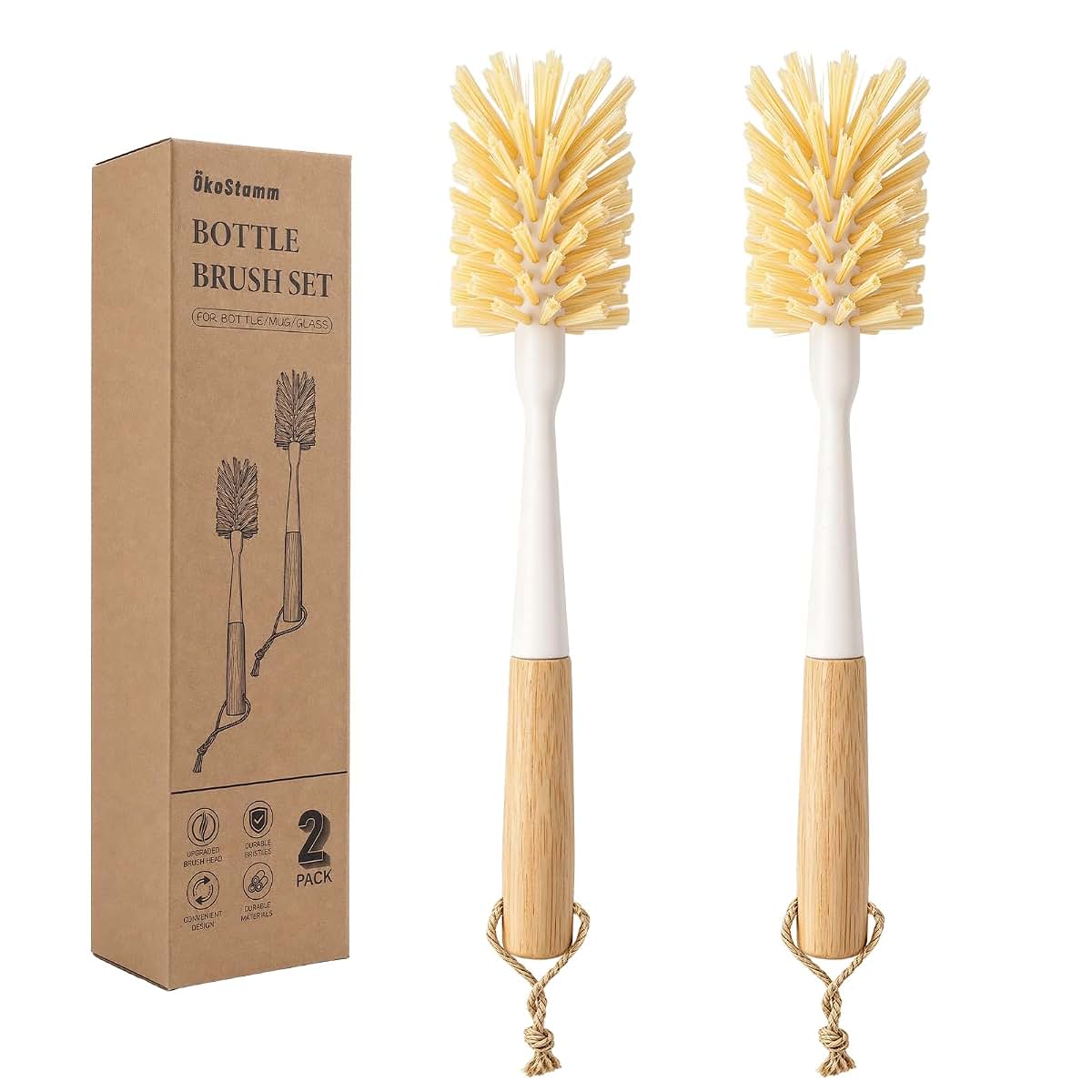 ÖkoStamm 2 Pack 11.4 Inch Bamboo Bottle Brush with Odorless Nylon Bristle