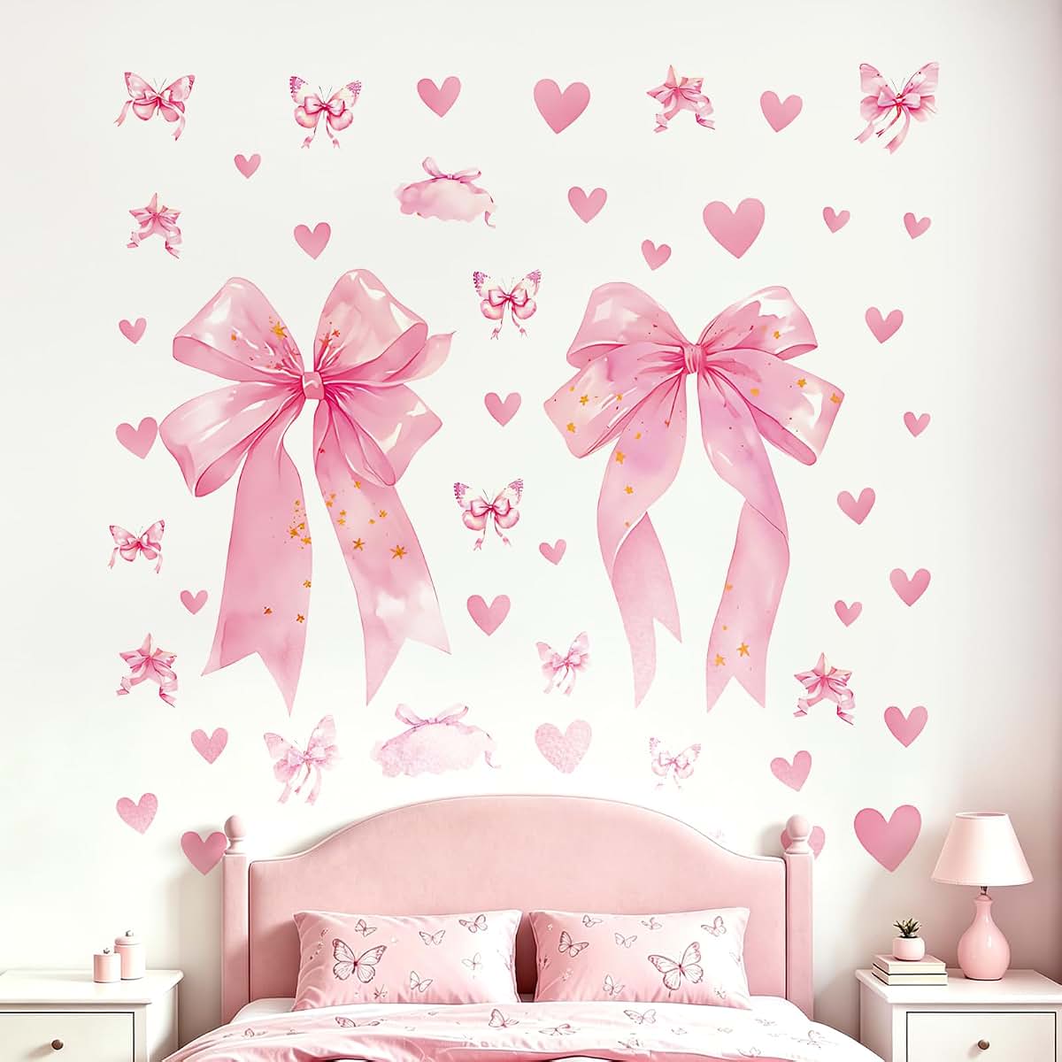 Pomodee Large Pink Bow Wall Stickers, Heart Knot Decals for Girls Nursery
