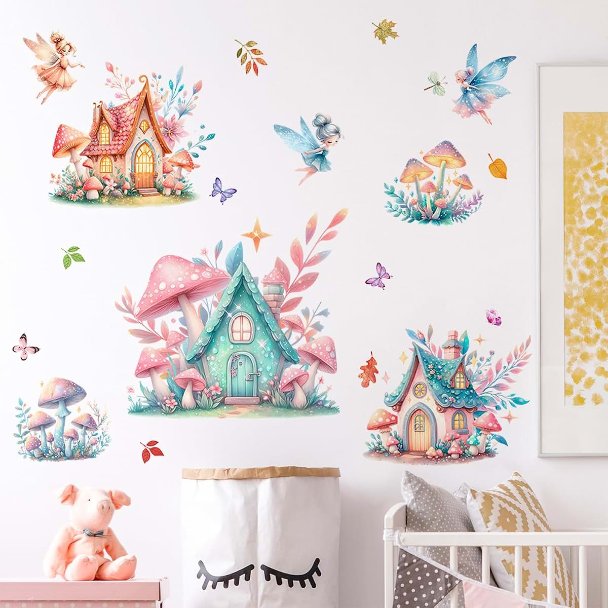 DTLIFEK Woodland Mushroom House Wall Decals, Fairy And Butterfly Peel And Stick Decor