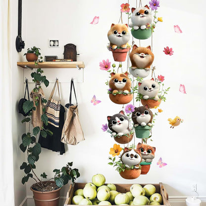Dechom Cute Cartoon Cat in Hanging Flower Pot Wall Sticker