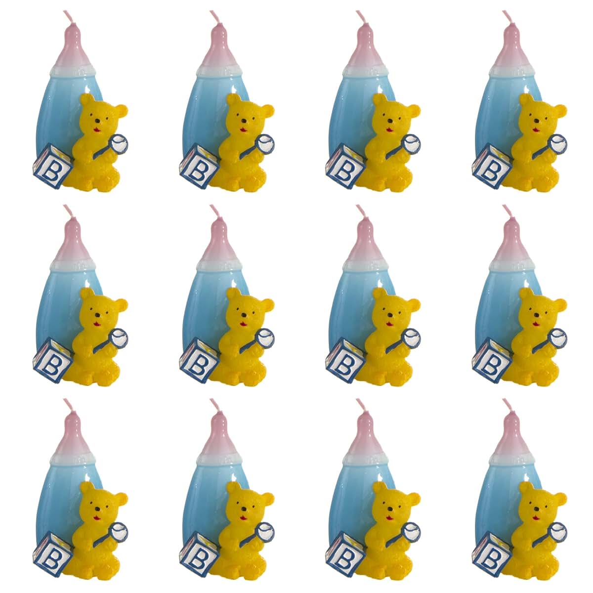 Lunaura Baby Keepsake - Set of 12 "Boy" Teddy Bear with Baby Bottle Candle - Blue