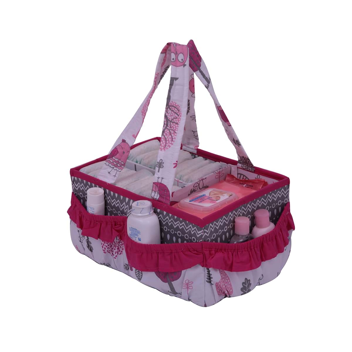 Bacati Owls Girls Cotton Nursery Storage Caddy, Pink/Grey (photo 2)