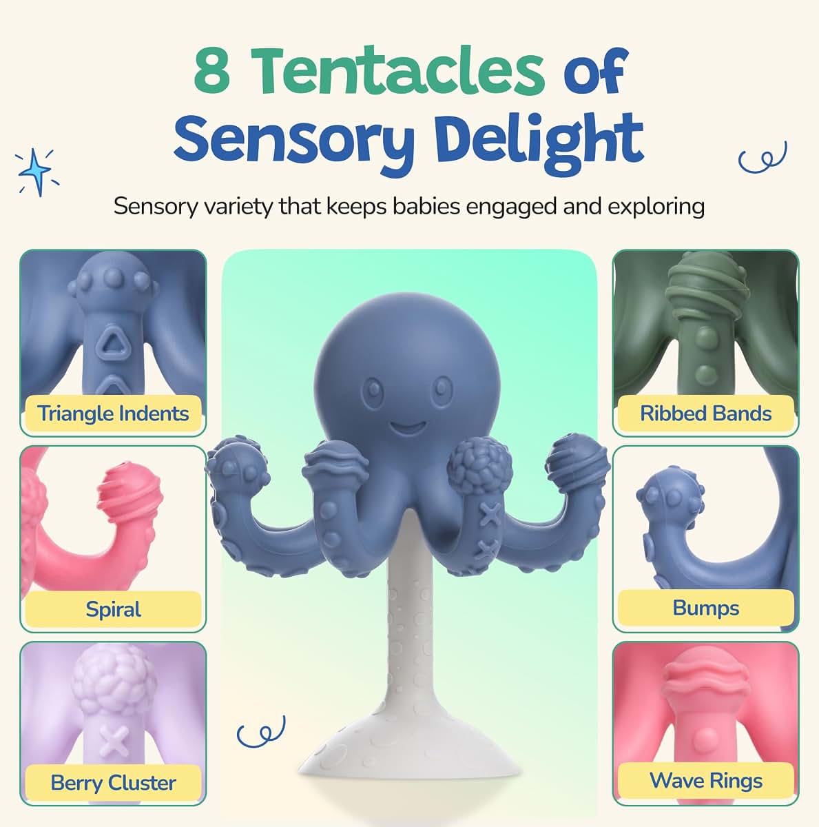 Jumble Dream Octopus Baby Teether – Suction Silicone Teether, Blue Moon (photo 3)