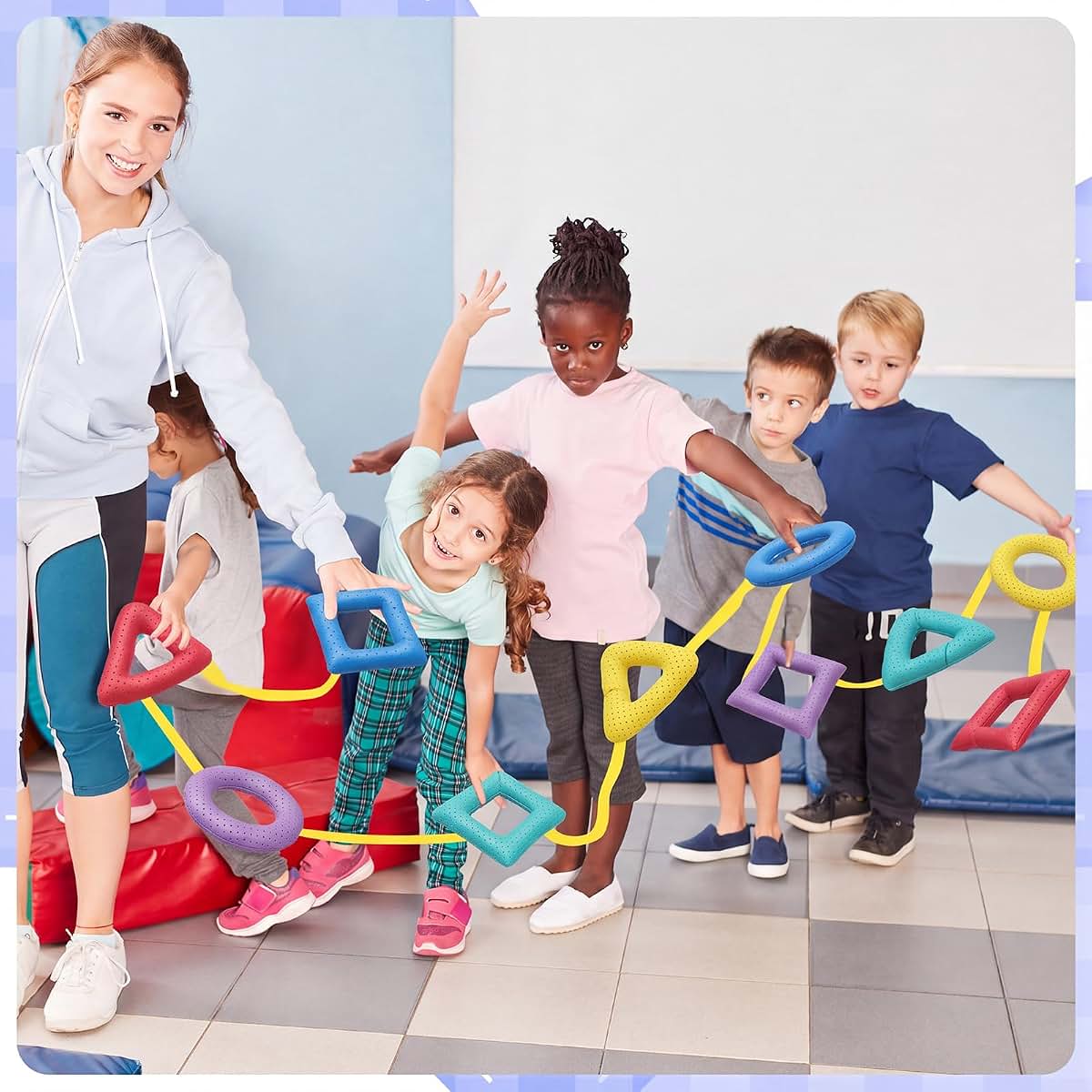 Woanger Preschool Walking Rope with 10 PU Shape Handles, 165 Inch Classroom Line for Kids