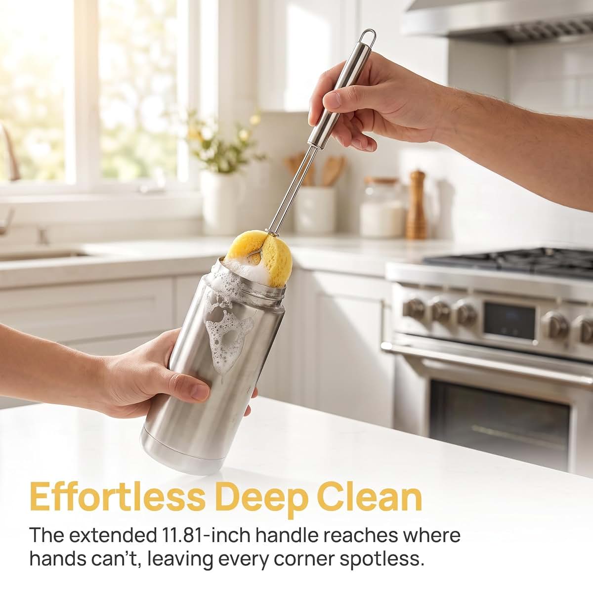 ManXia Babaiwan Long‑Handle Stainless‑Steel Bottle Brush with Replaceable Sponge Head (photo 3)