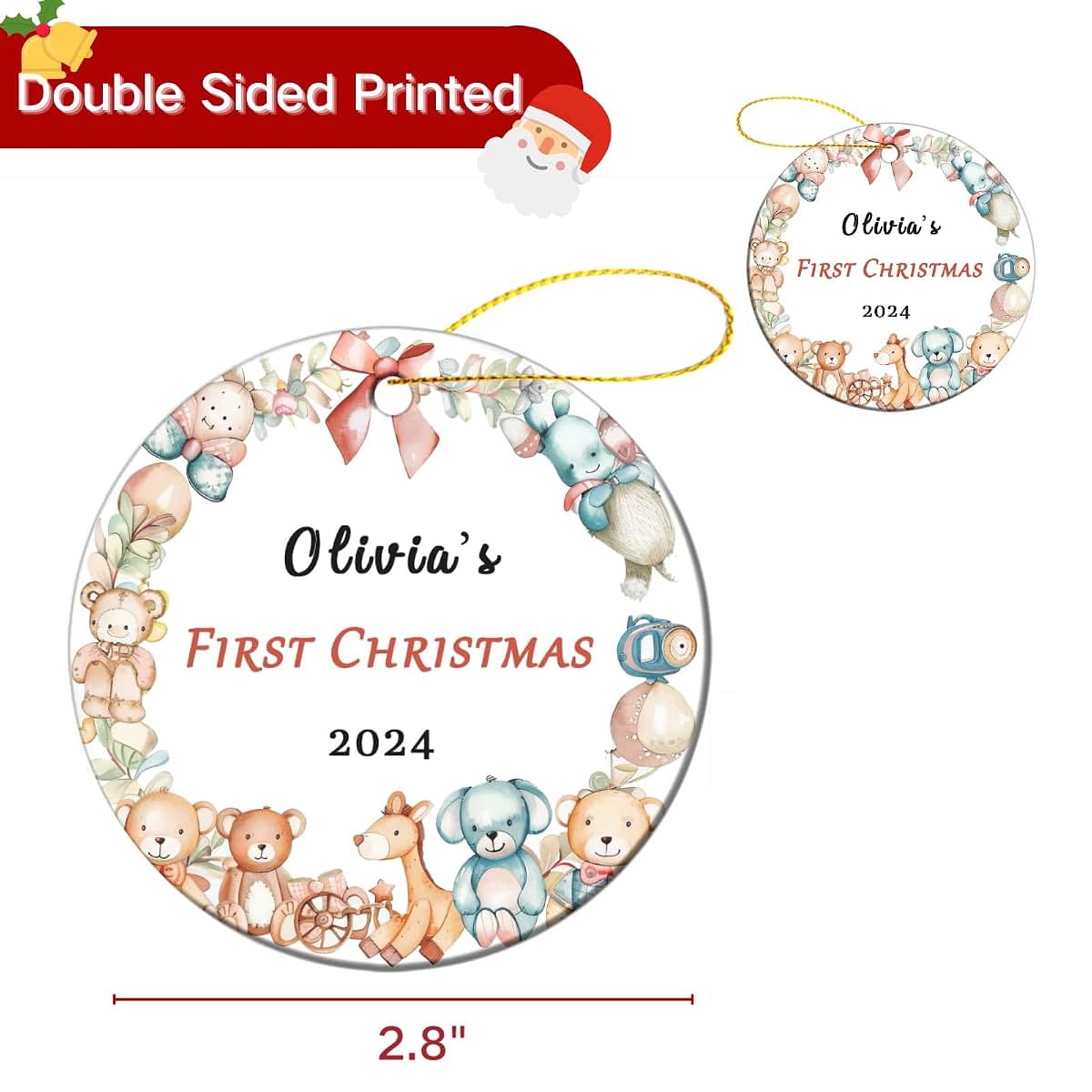 Bdbacxas Personalized Baby First Christmas Ornament,Custom Toy Wreath Baby's 1st Christmas Tree Decor Round Ceramic (photo 2)