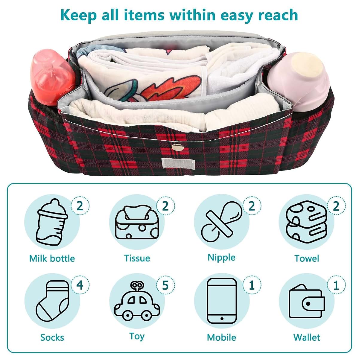 BabyOneStop Stroller Caddy Organizer Bag in Red Black Plaid with Adjustable Straps