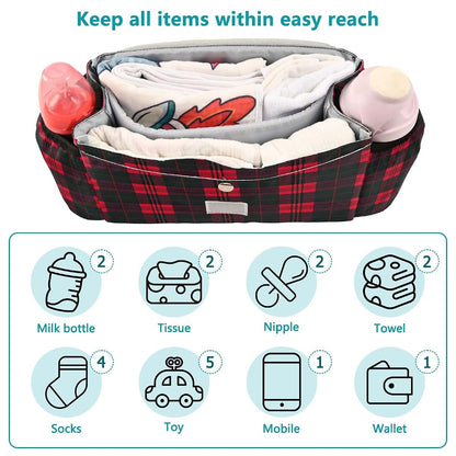 BabyOneStop Stroller Caddy Organizer Bag in Red Black Plaid with Adjustable Straps