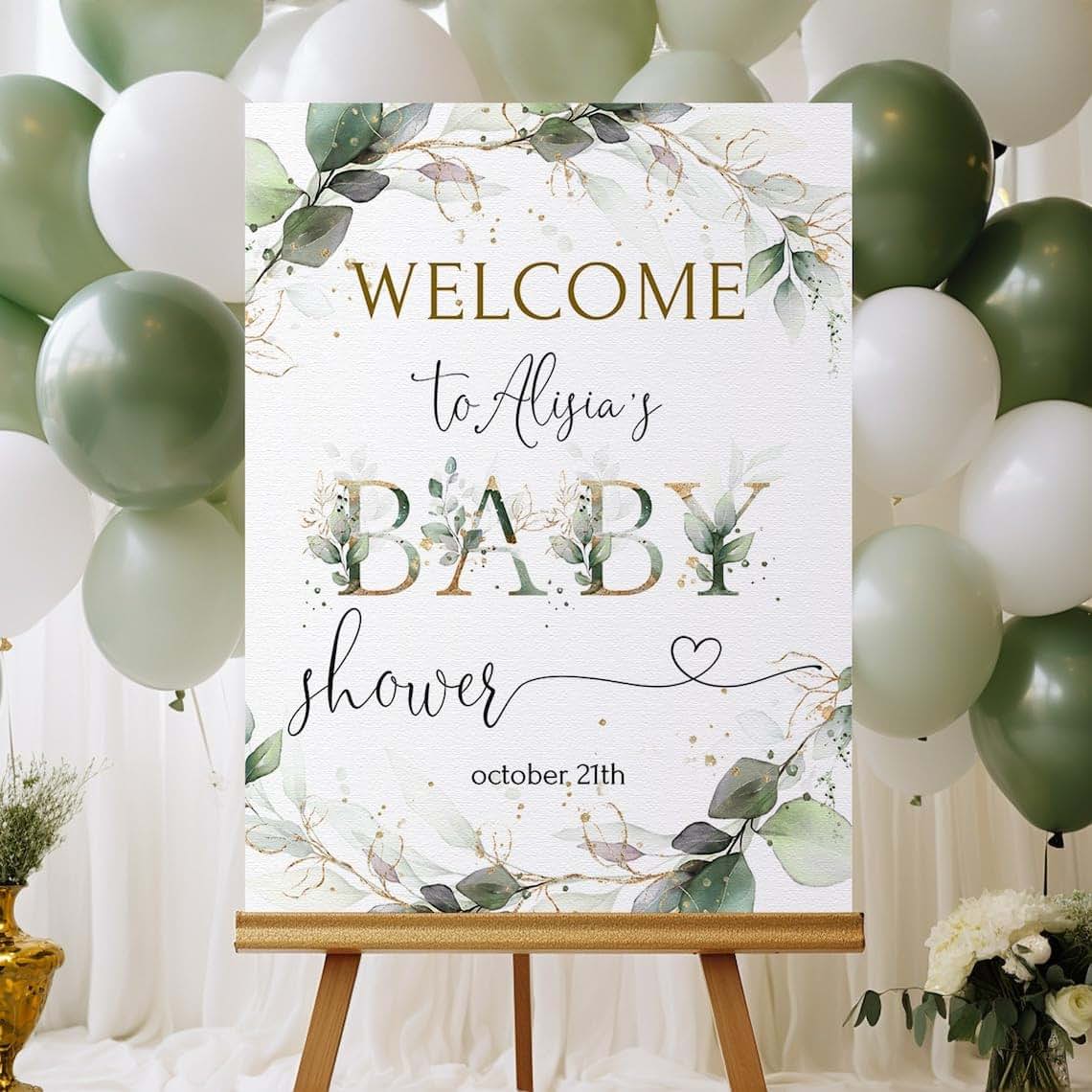 VIVIDLIFE Welcome To Baby Shower Sign Personalized, Greenery Gold Baby Shower Welcome Sign, Baby Shower Sign, Welcome