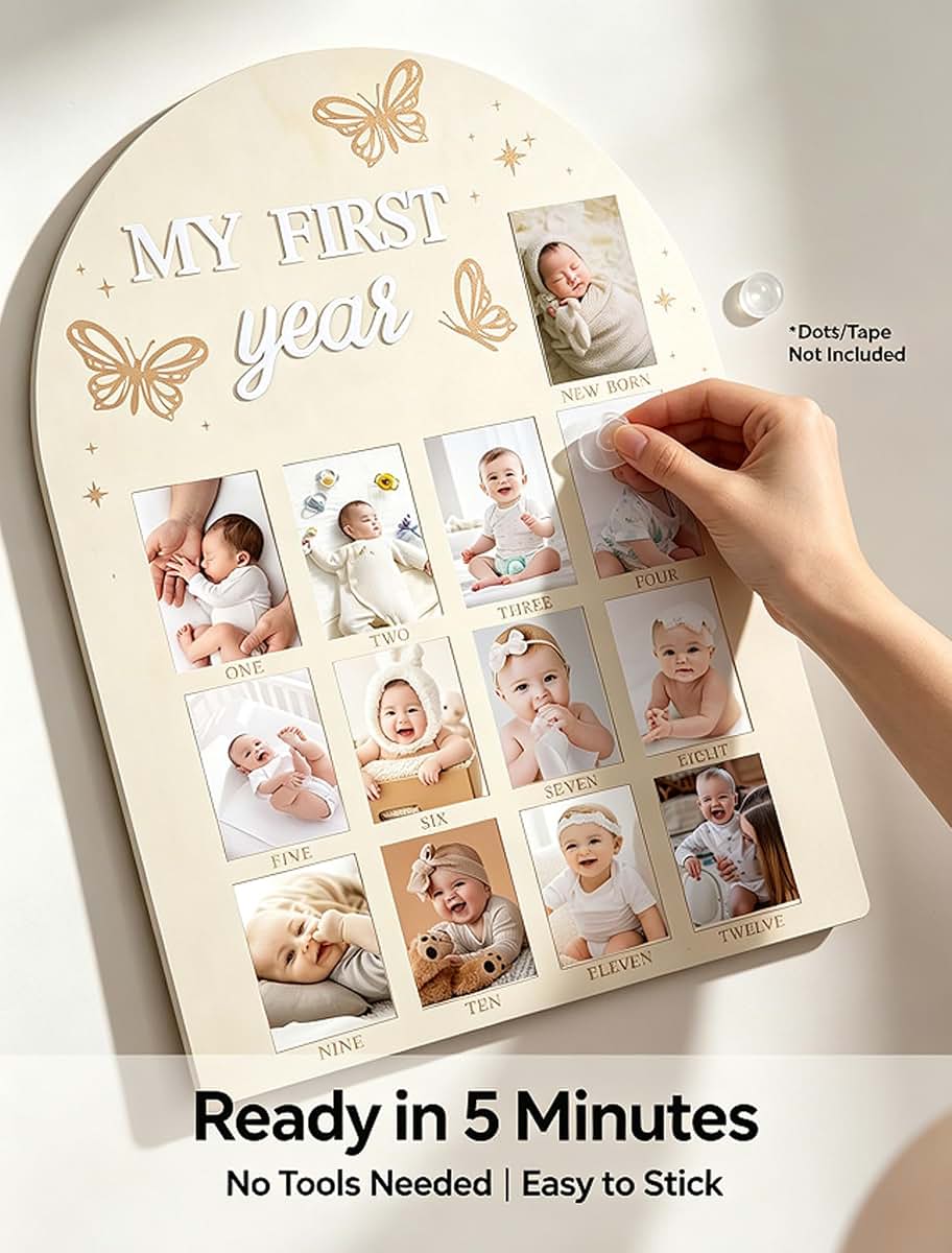 DegoCython My First Year Photo Frame, Wooden Milestone Keepsake with Pre-marked 12 Monthly Infant Development Picture
