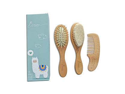Gentle Care Wooden Baby Hair Brush and Comb Set by BeaverStrong - 2 Brushes and 1 Comb for Newborns - Soft Bristles