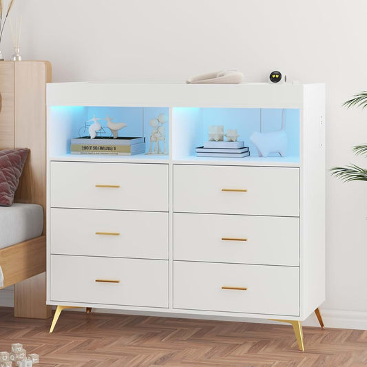 Jojoka Nursery Changing Table Dresser with LED Lighting and Charging Function, 6 Drawer Storage Dresser with 2 Open