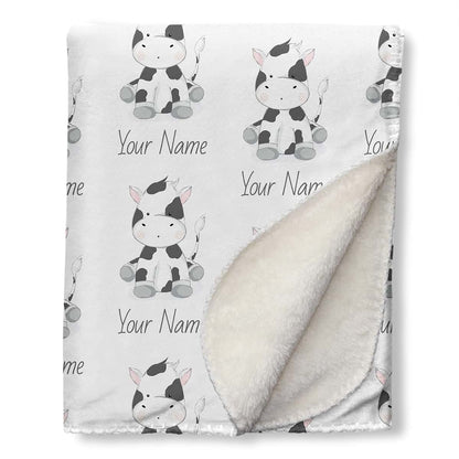 NICTIMEID Custom Sherpa Baby Blanket – Cartoon Cow Design with Personalized Name – Soft Crib & Stroller Gift for