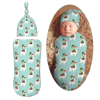 Muishi Cute Christmas Llamas Newborn Swaddle Blanket and Hat Set