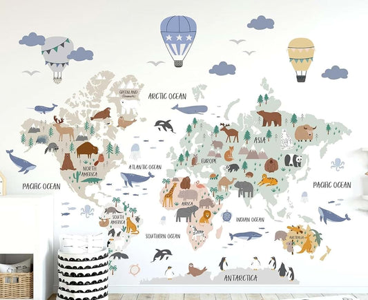 The Colors Crafter Colors Crafter Animal World Map Wall Decal - Wall Sticker - Nursery & Bedroom Gift - 60"W x 50"H