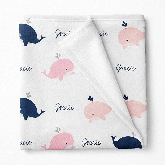 Lovable Gift Co Whale Print Personalized Fleece Baby Blanket, Pink and Navy Print