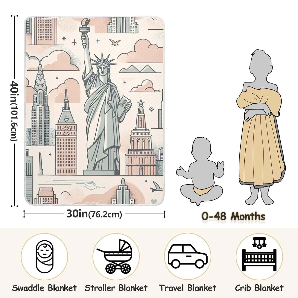 WELLDAY Statue of Liberty Baby Blanket, Ultra Soft 30x40 Inch Cozy Infant Toddler Cover for Crib and Stroller