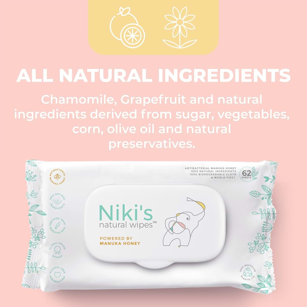 Nikis Natural Wipes Niki's Natural Baby Wipes, Sensitive Organic Manuka Honey Wet Wipes, 4 Pack (photo 2)