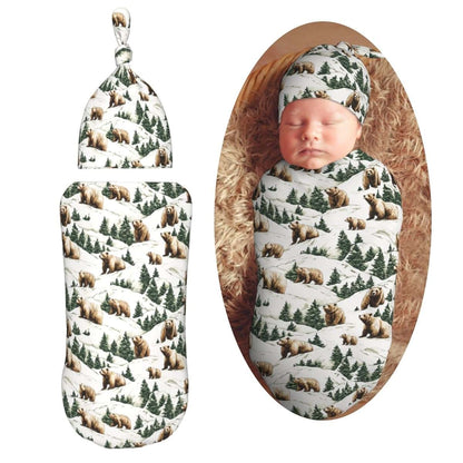 Muishi Brown Bears with Tree Newborn Swaddle Blanket and Hat Set, 0-6 Months