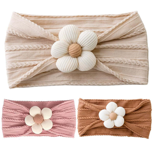 Otbushit 3PCS Flower Headband For Baby Girl, Elastic Nylon Baby Flower Headband Soft Newborn Headbands Infant Toddler