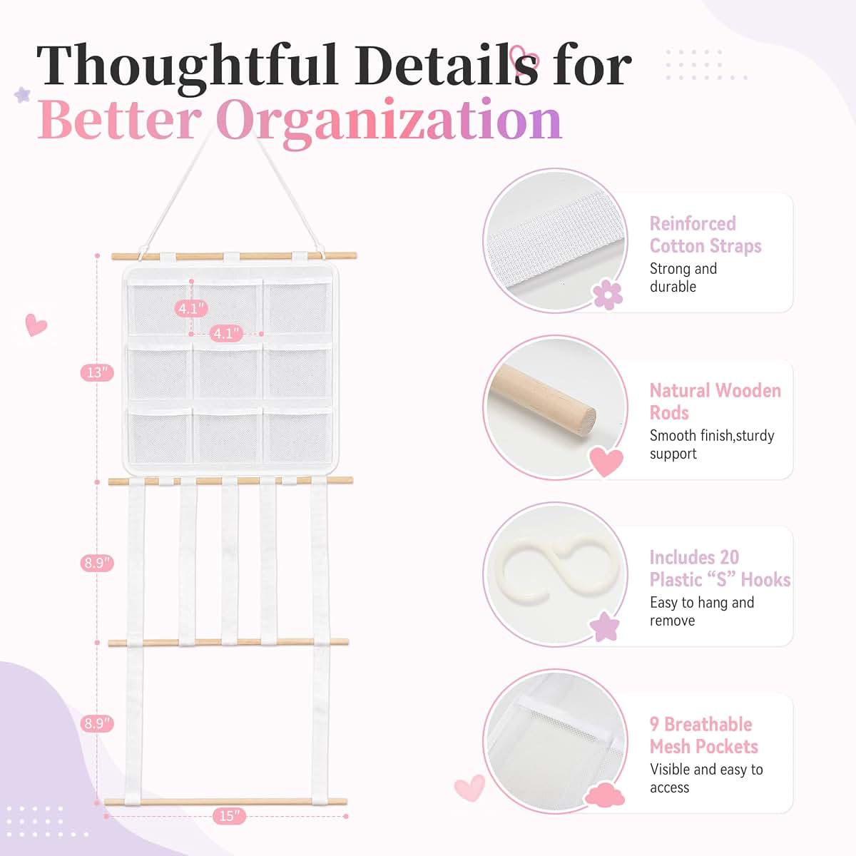 Cozisvoker Bow Organizer for Girls, 20 Hooks, 9 Mesh Pockets, Wall Hanging (photo 3)
