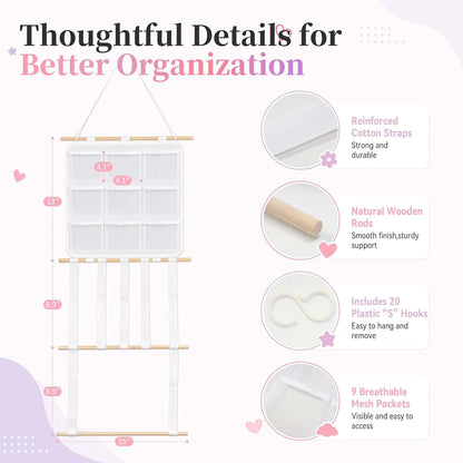 Cozisvoker Bow Organizer for Girls, 20 Hooks, 9 Mesh Pockets, Wall Hanging (photo 3)