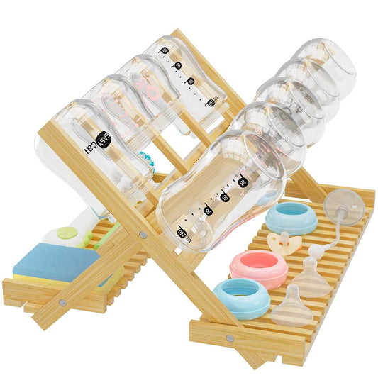 Msoesticc.dl Baby Bottle Drying Rack Foldable Vertical Bamboo Organizer
