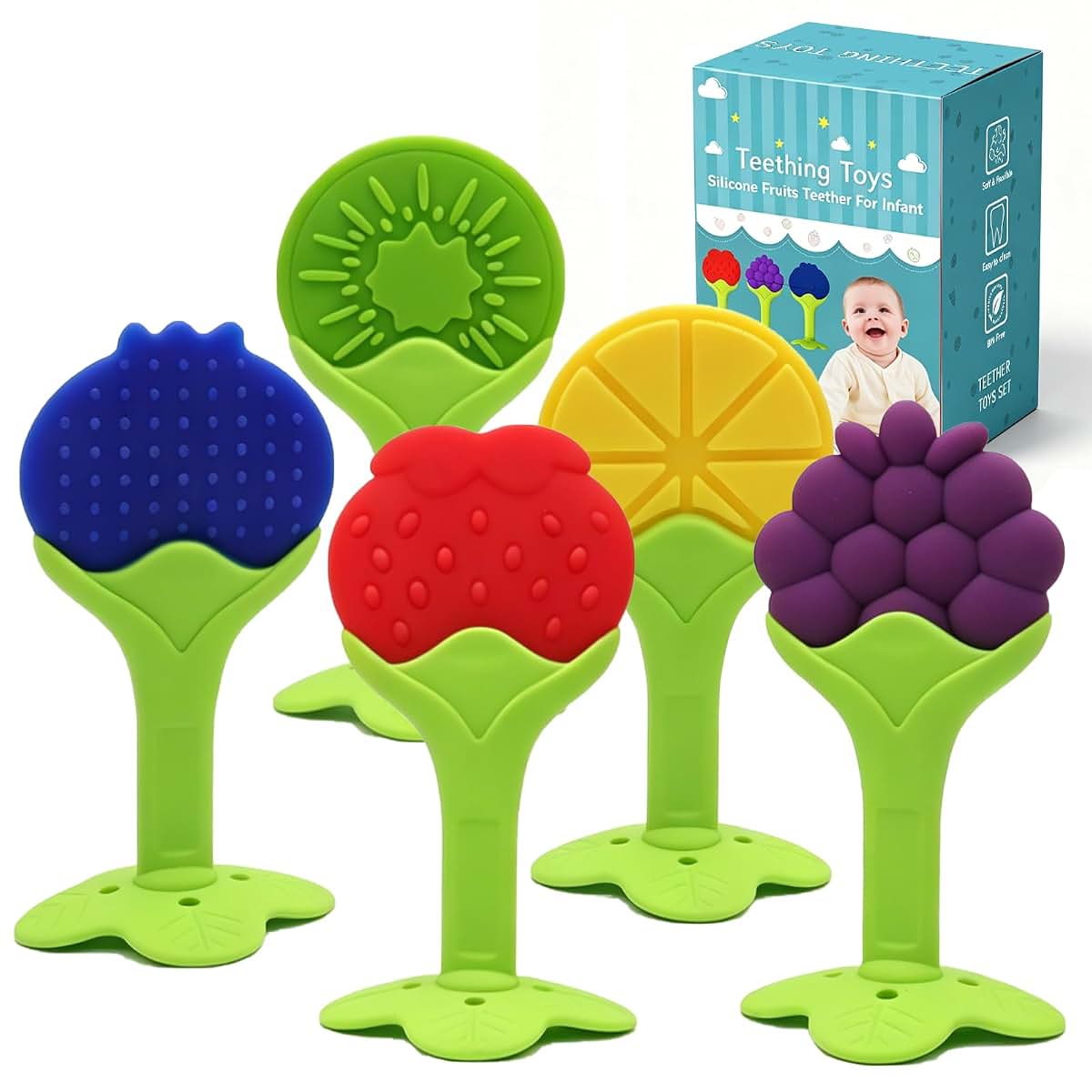 Fruit Teething Toys Set for Babies | Soft Silicone Teethers (5 Pack)