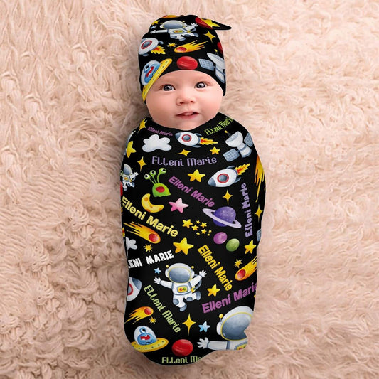 LiSoAkWE Night Astronaut Space Black Personalized Newborn Swaddle Blanket Hat Set,Soft and Stretchy Baby Blanket